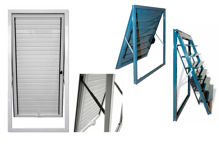 Tres vistas de una ventana metálica pivotante blanca 