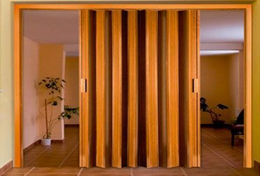 Una puerta plegable de madera tipo acordeón separa dos habitaciones, cada una con una planta en maceta y suelo de baldosas.