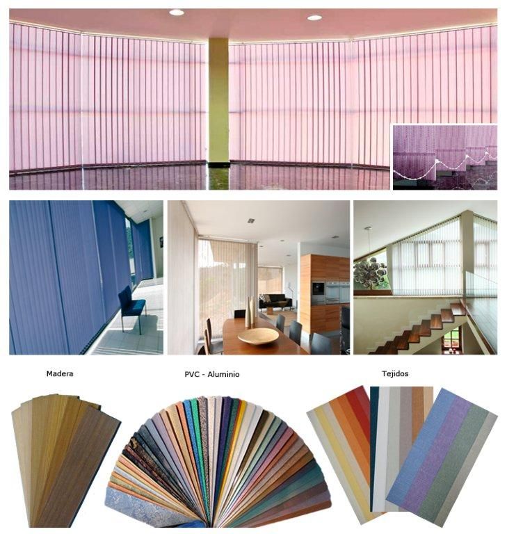 Collage que muestra persianas verticales en varias habitaciones y muestras de color en texturas de madera, PVC y tela.