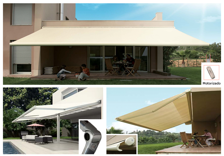 Un collage que muestra varios toldos retráctiles de color blanco roto instalados sobre patios y espacios exteriores.