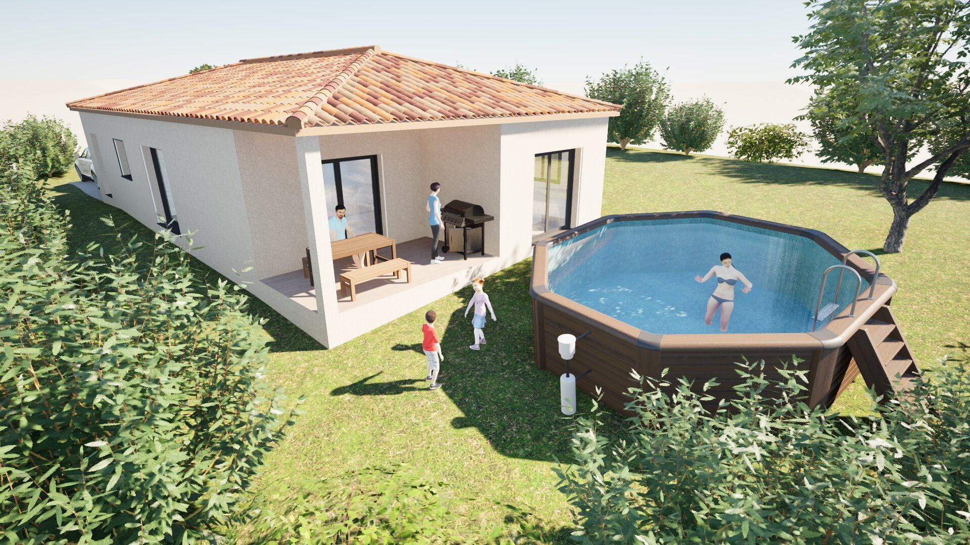 Maquette d'une maison avec une piscine et des habitants