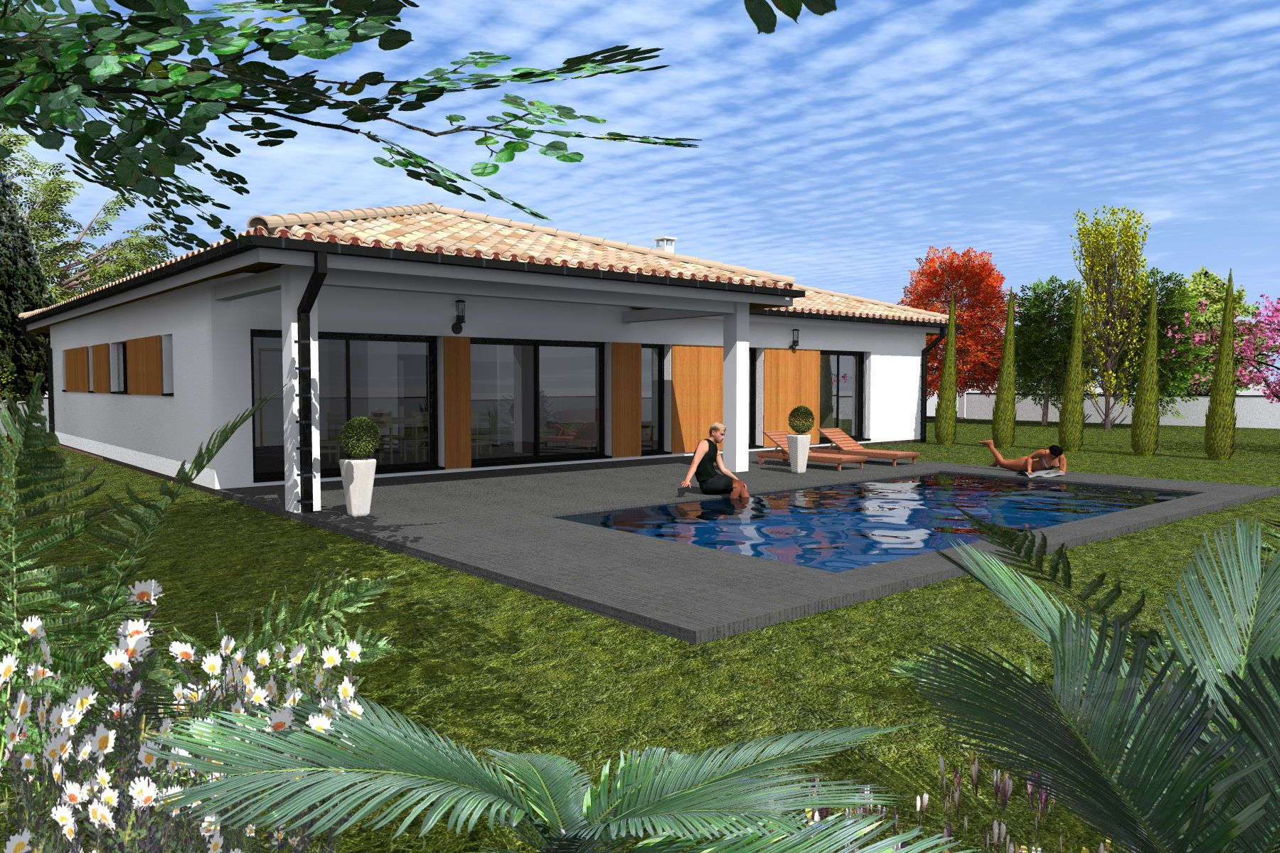 Maison moderne avec piscine et terrasse, entourée d'un jardin luxuriant et arboré.
