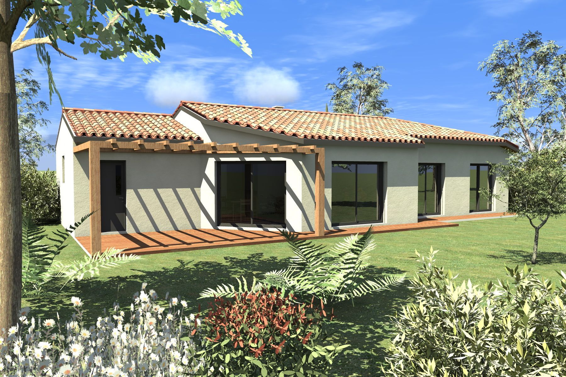 Maison moderne de plain-pied avec toit en tuiles de terre cuite, murs végétaux et jardin ensoleillé.