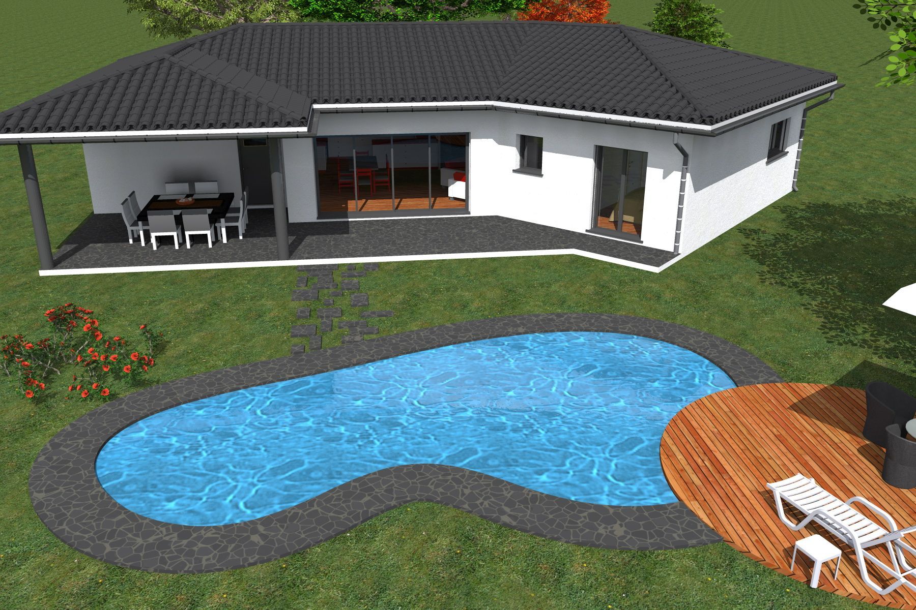 Jardin avec maison moderne, piscine bleue et terrasse en bois avec chaises longues