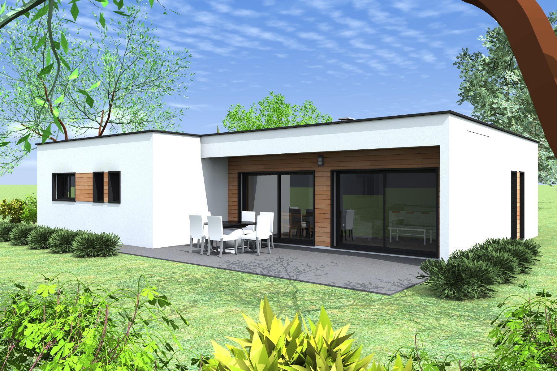 Maison moderne de plain-pied, blanche, avec terrasse et grandes portes vitrées, entourée d'une pelouse verdoyante.