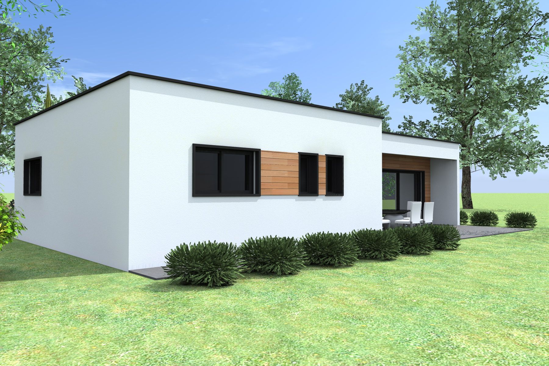 Maison moderne de plain-pied blanche avec fenêtres noires et petite véranda donnant sur un jardin gazonné