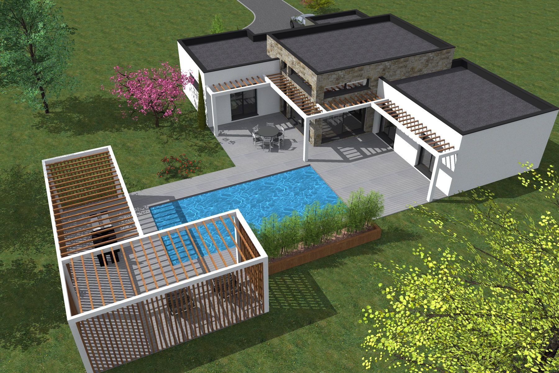 Maison moderne avec piscine bleue, patio et pergola en bois dans un jardin paysager.