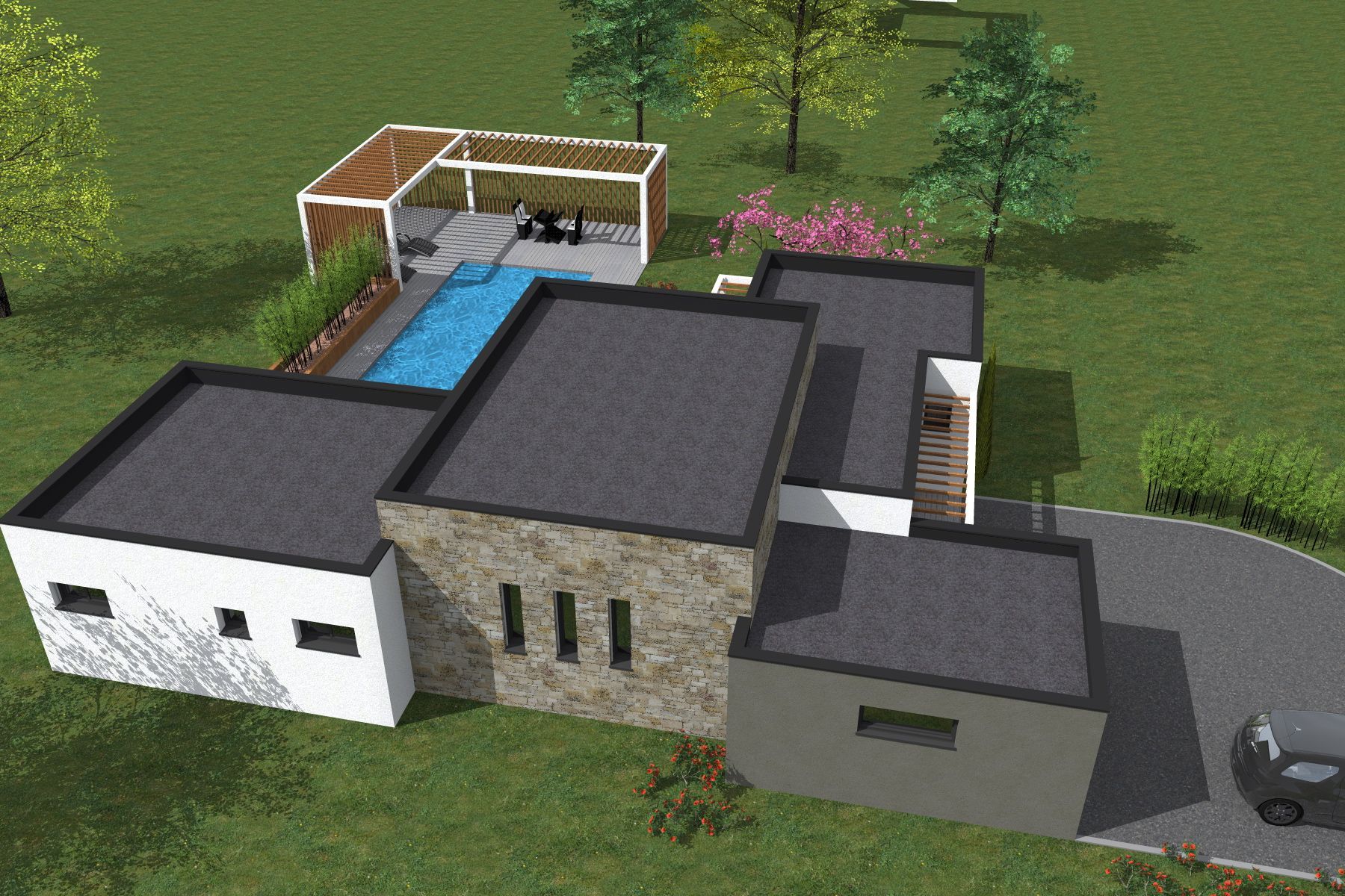 Maison moderne avec toits plats, murs en pierre et blancs, et piscine à l'arrière avec pergola.