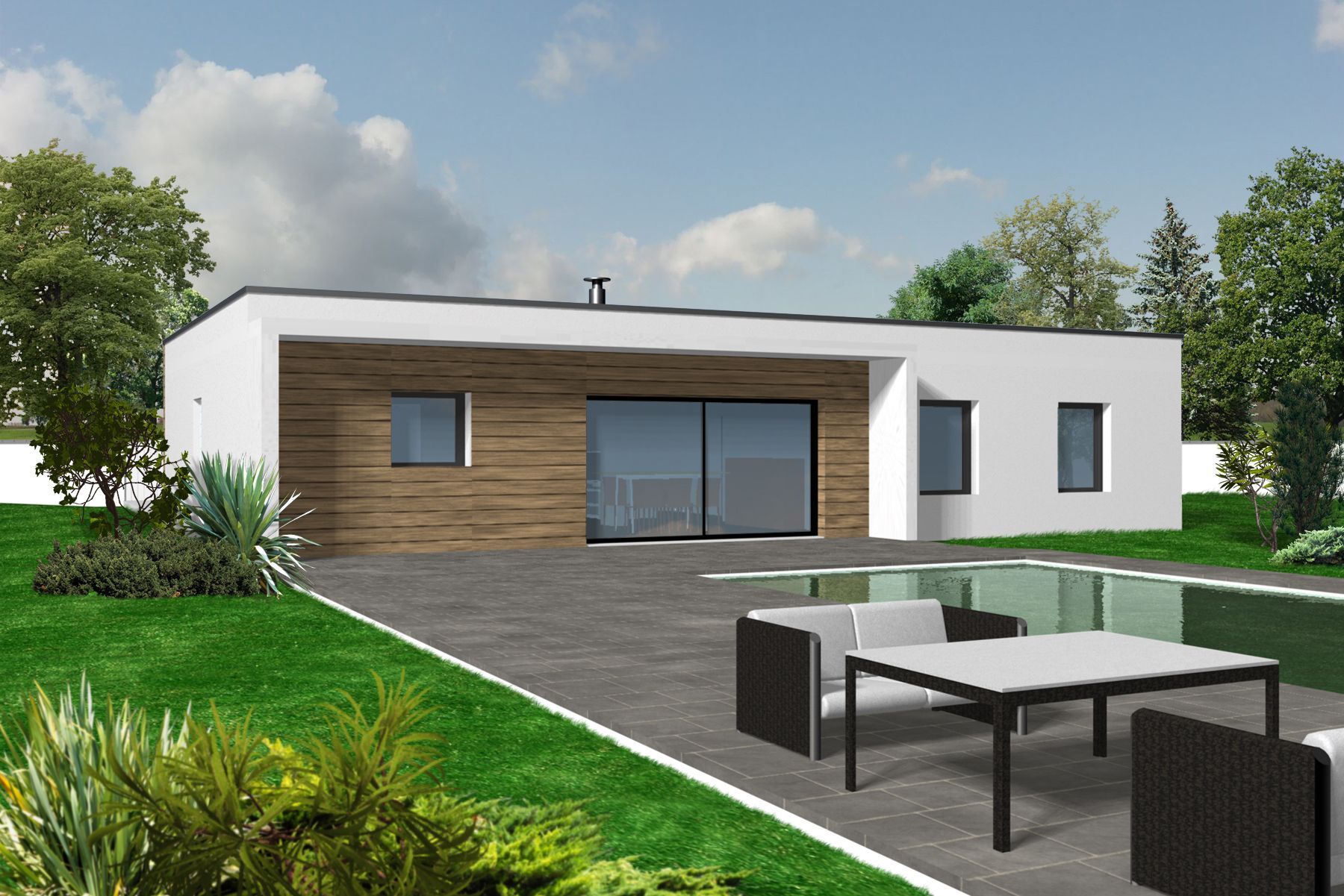 Maison blanche moderne avec des éléments en bois, une grande terrasse et un ensemble de salle à manger extérieure.