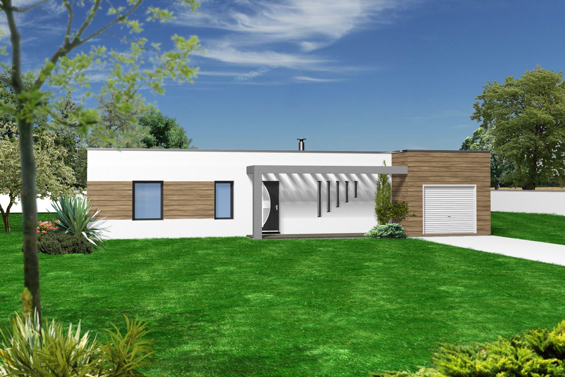 Maison moderne de plain-pied avec murs blancs, éléments en bois et une grande pelouse verte sous un ciel bleu.