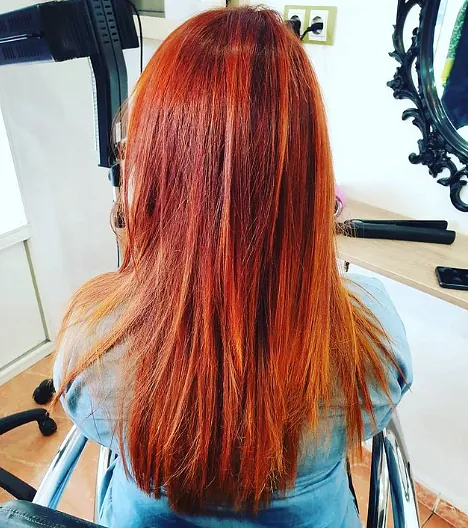 Una mujer con cabello largo y rojo está sentada en una silla de ruedas.
