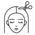 Un dibujo lineal de una mujer cortándose el pelo con tijeras.