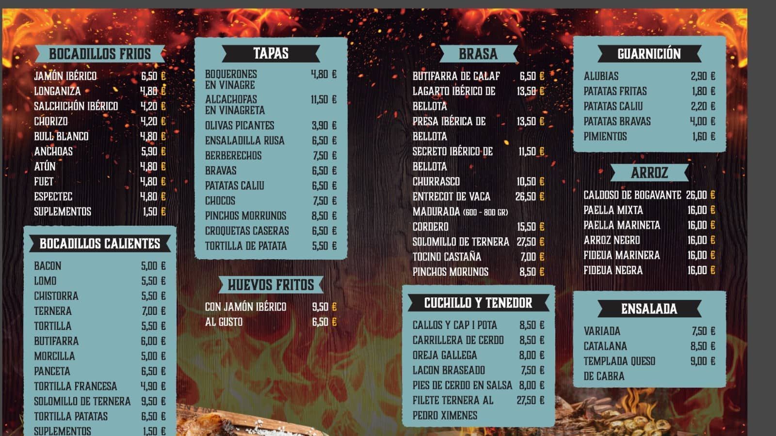 Menú con diversas opciones de comida y precios sobre un fondo de fuego.