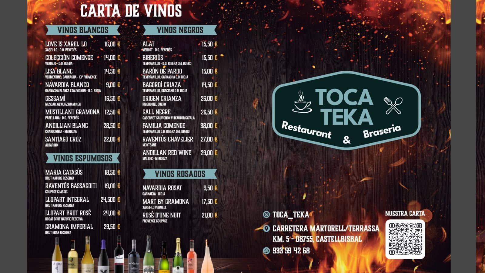 Carta de vinos del restaurante Toca Teka, con categorías de vinos y precios, con un logotipo y un fondo ardiente.