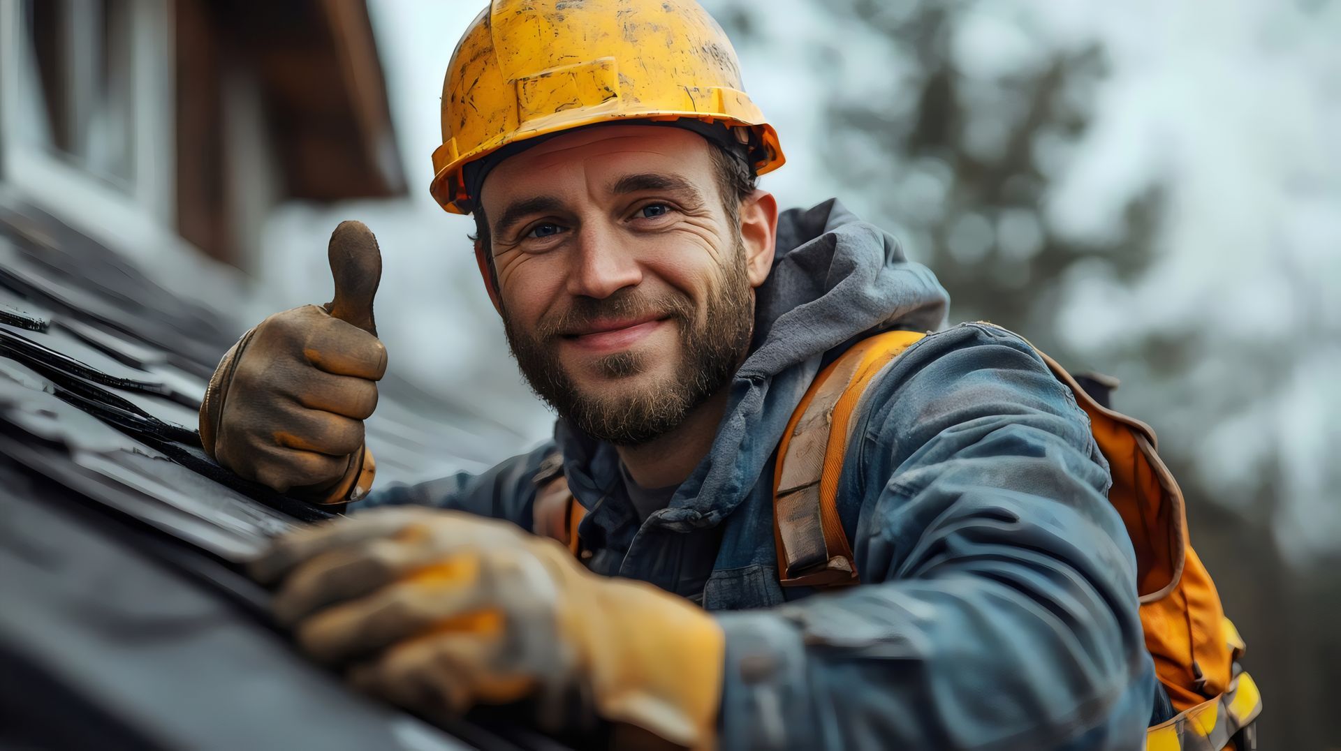 Couvreur en casque jaune, souriant et faisant un signe d'approbation. Appuyé sur un toit, harnaché, en extérieur.