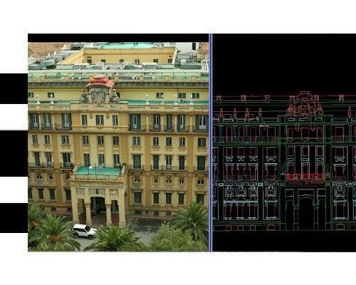 Una imagen de un edificio grande al lado de un dibujo del mismo.
