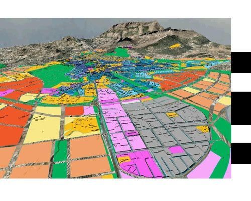 Un mapa colorido de una ciudad con una montaña al fondo.