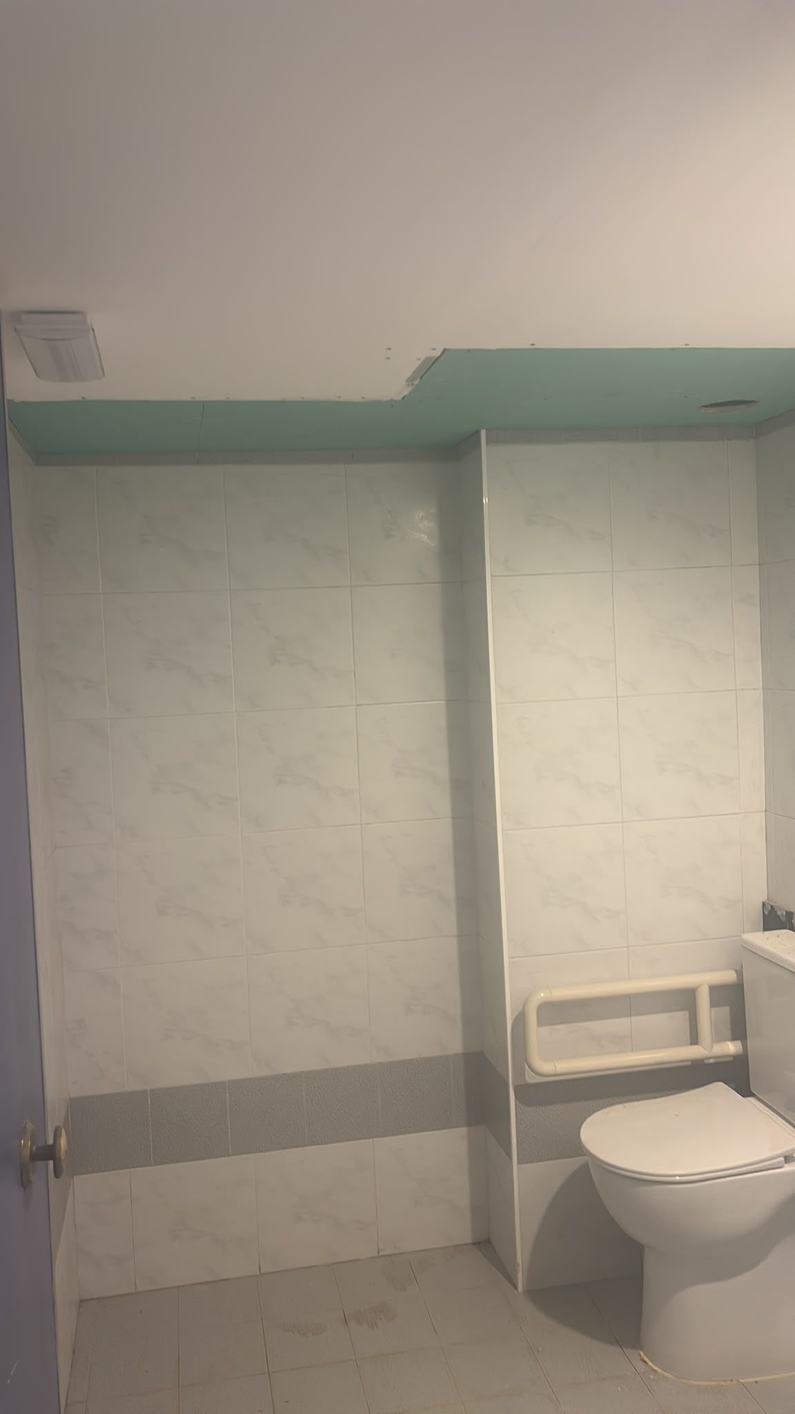 Baño pequeño con pared alicatada en blanco, detalles en verde menta y un inodoro a la derecha.