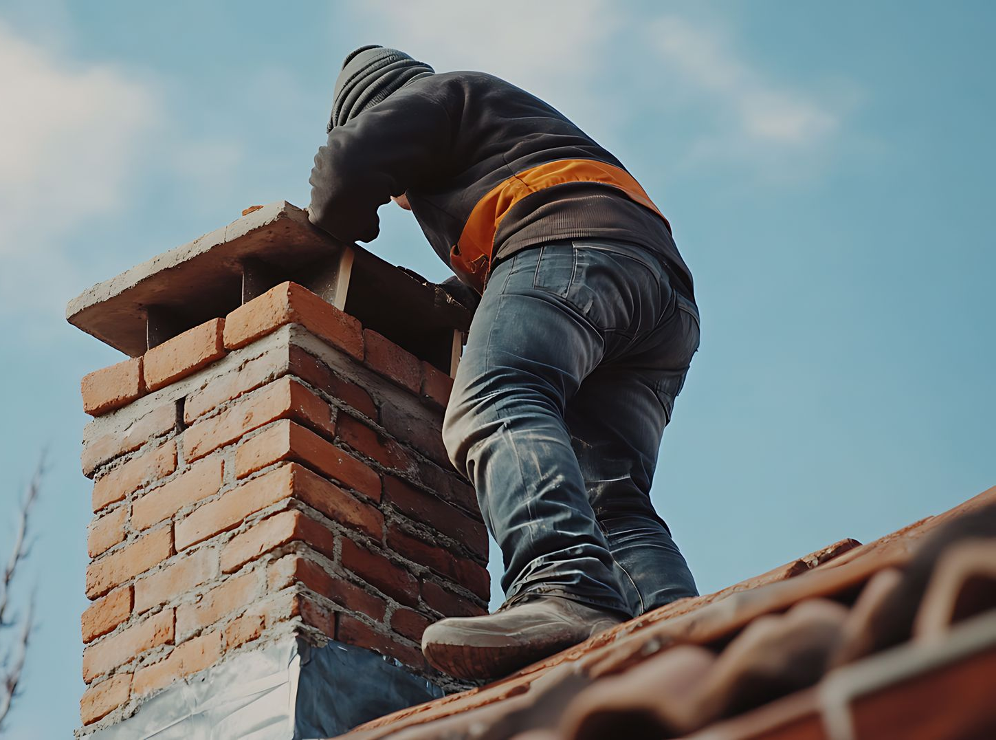 Cheminée en briques sur un toit en bardeaux gris contre un ciel bleu vif avec des nuages blancs duveteux.