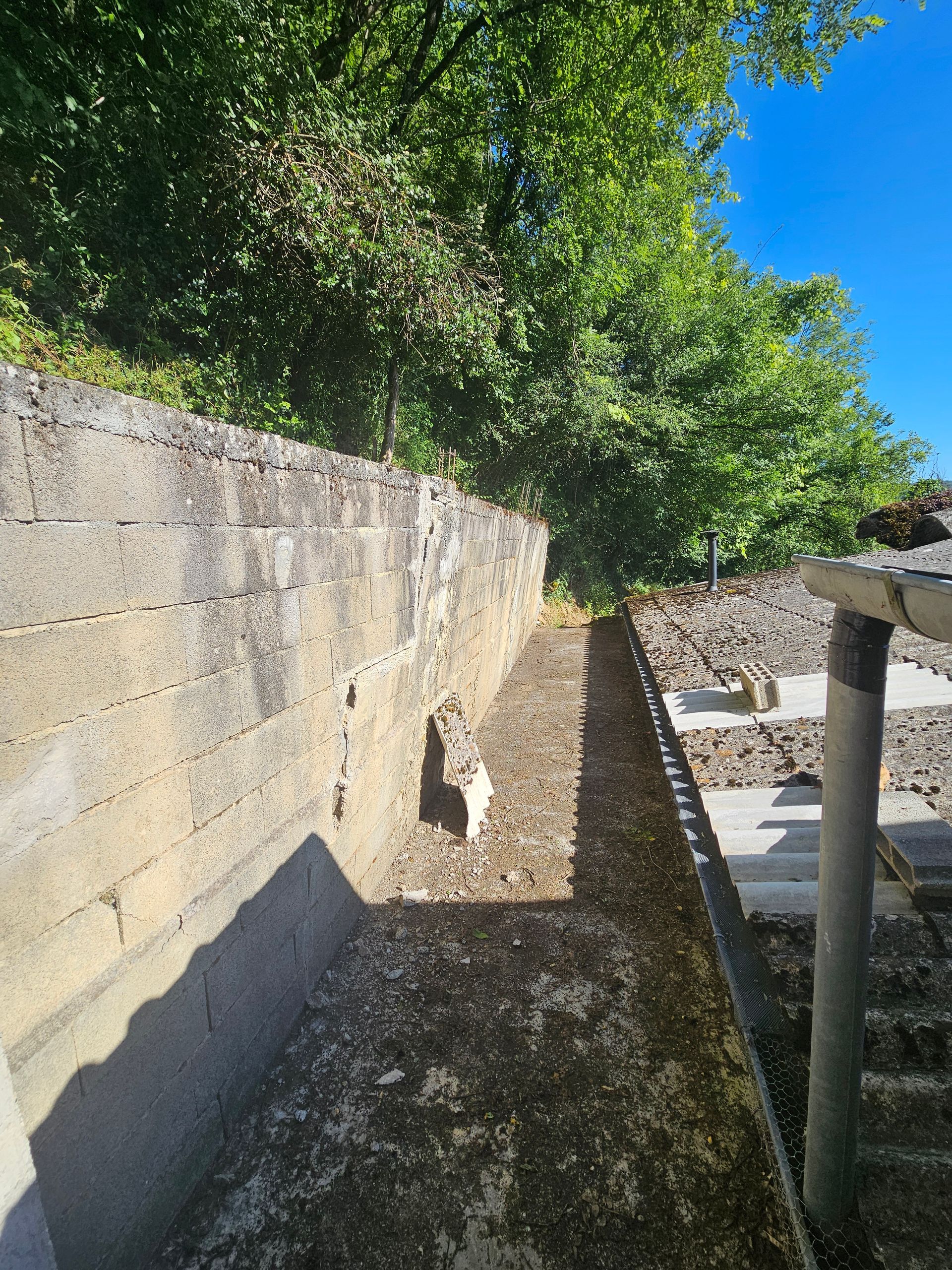 Allée en béton longeant un mur en pierre baigné de soleil, sous des arbres feuillus et un ciel bleu.