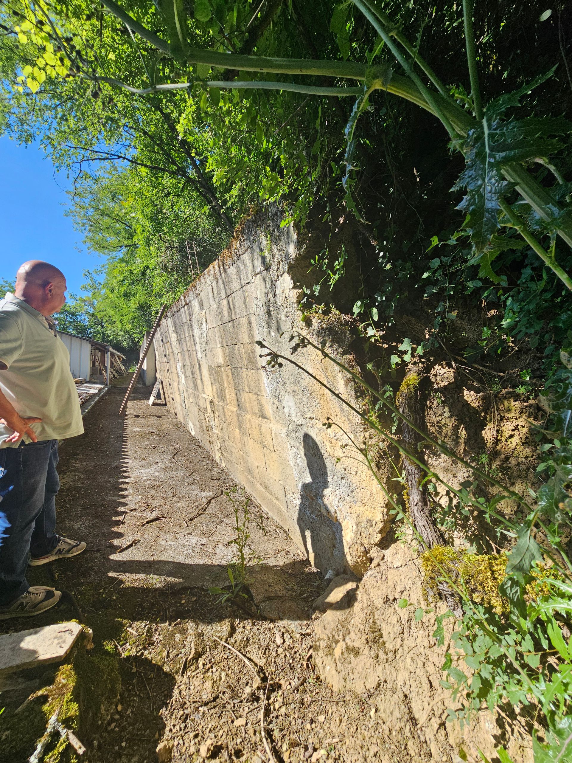 Une personne se tient debout sur un chemin de terre, à côté d'un mur de soutènement en pierre recouvert de verdure, sous un ciel d'un bleu éclatant.