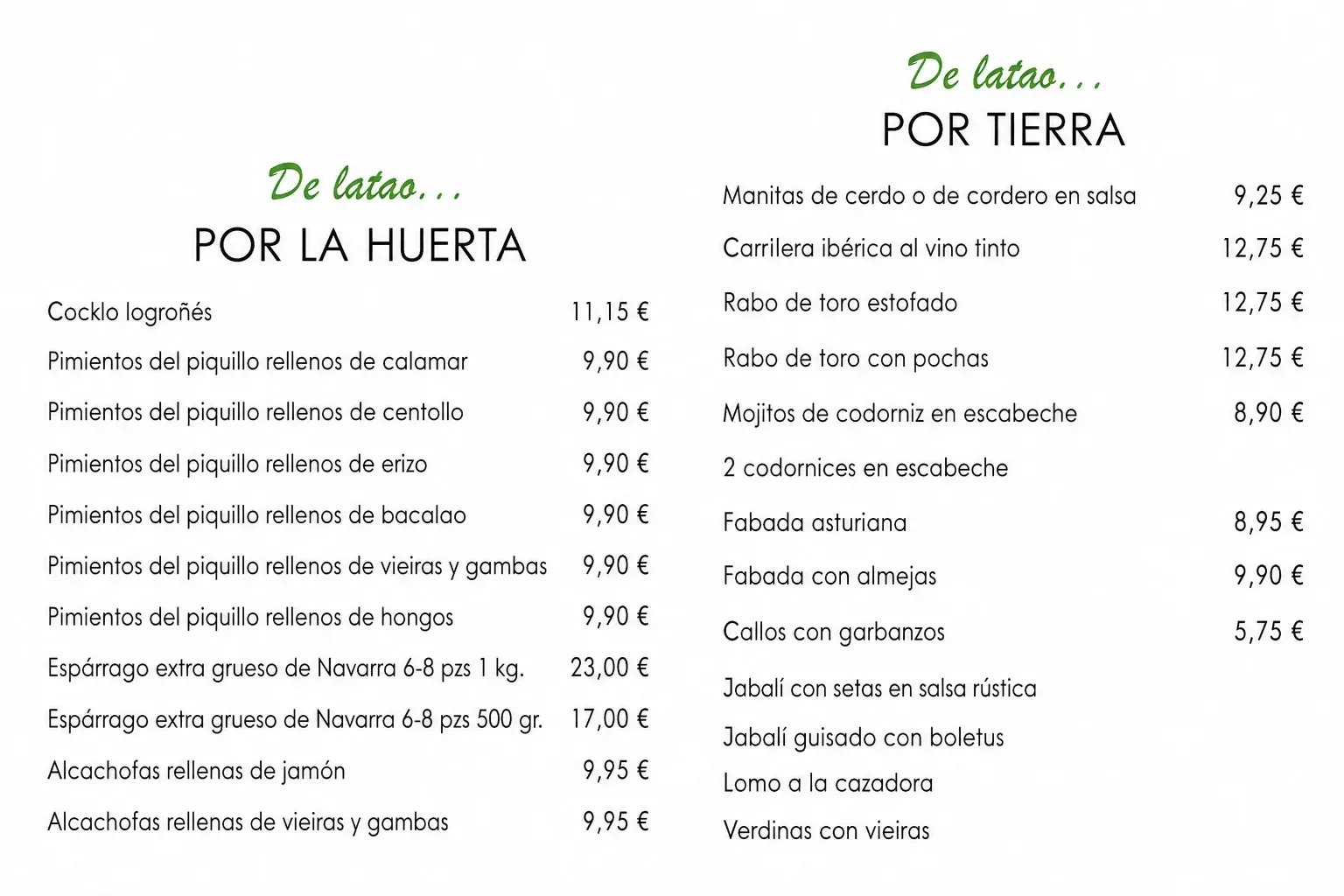 Menú del restaurante con dos columnas: platos vegetarianos