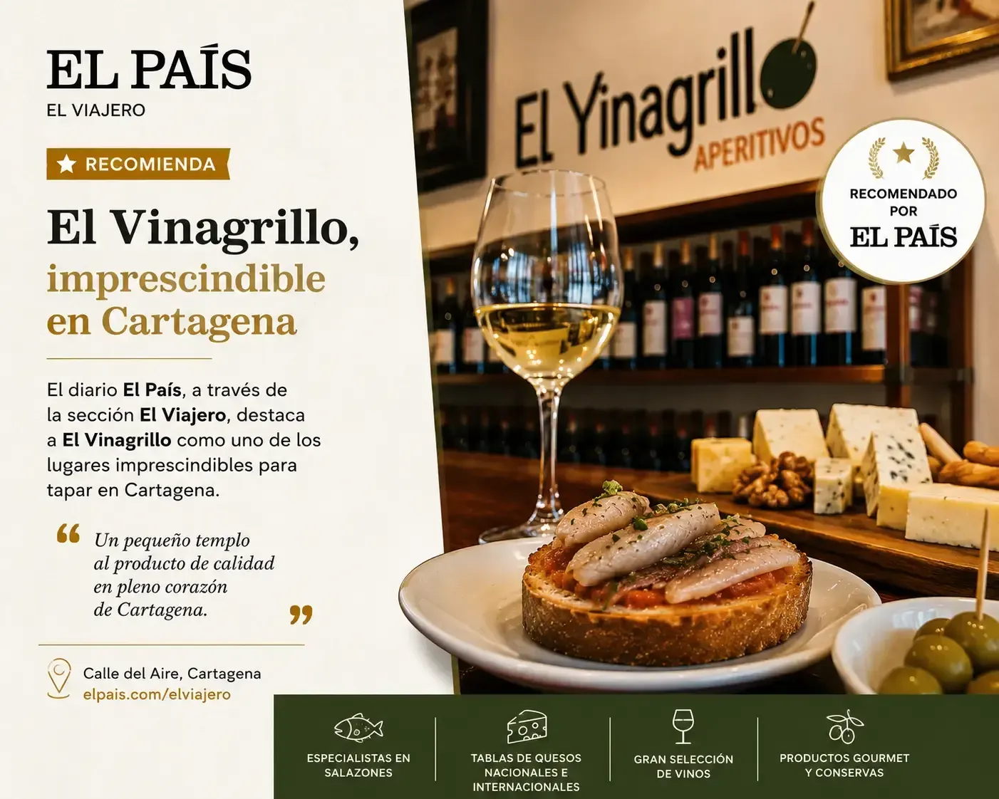 Anuncio del restaurante El Vinagrillo con copa de vino, tapas y distintivo de recomendación de EL PAÍS.