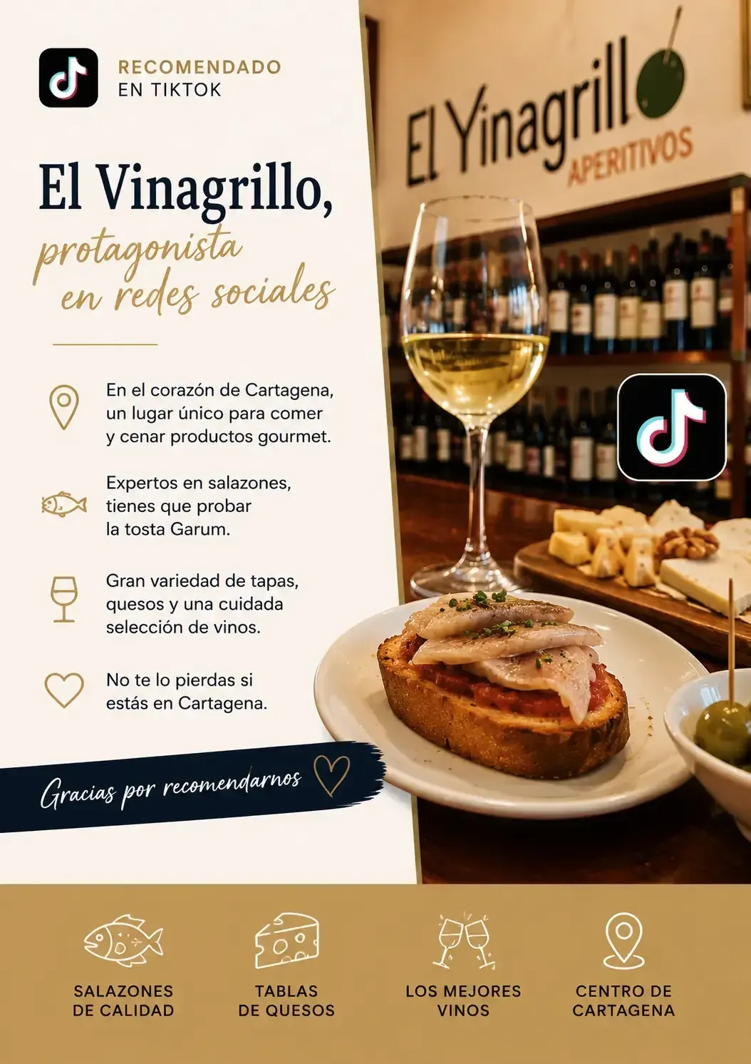 Promo del restaurante El Vinagrillo: vino tinto, postre y tapas en tono beige y negro, con logo de TikTok.