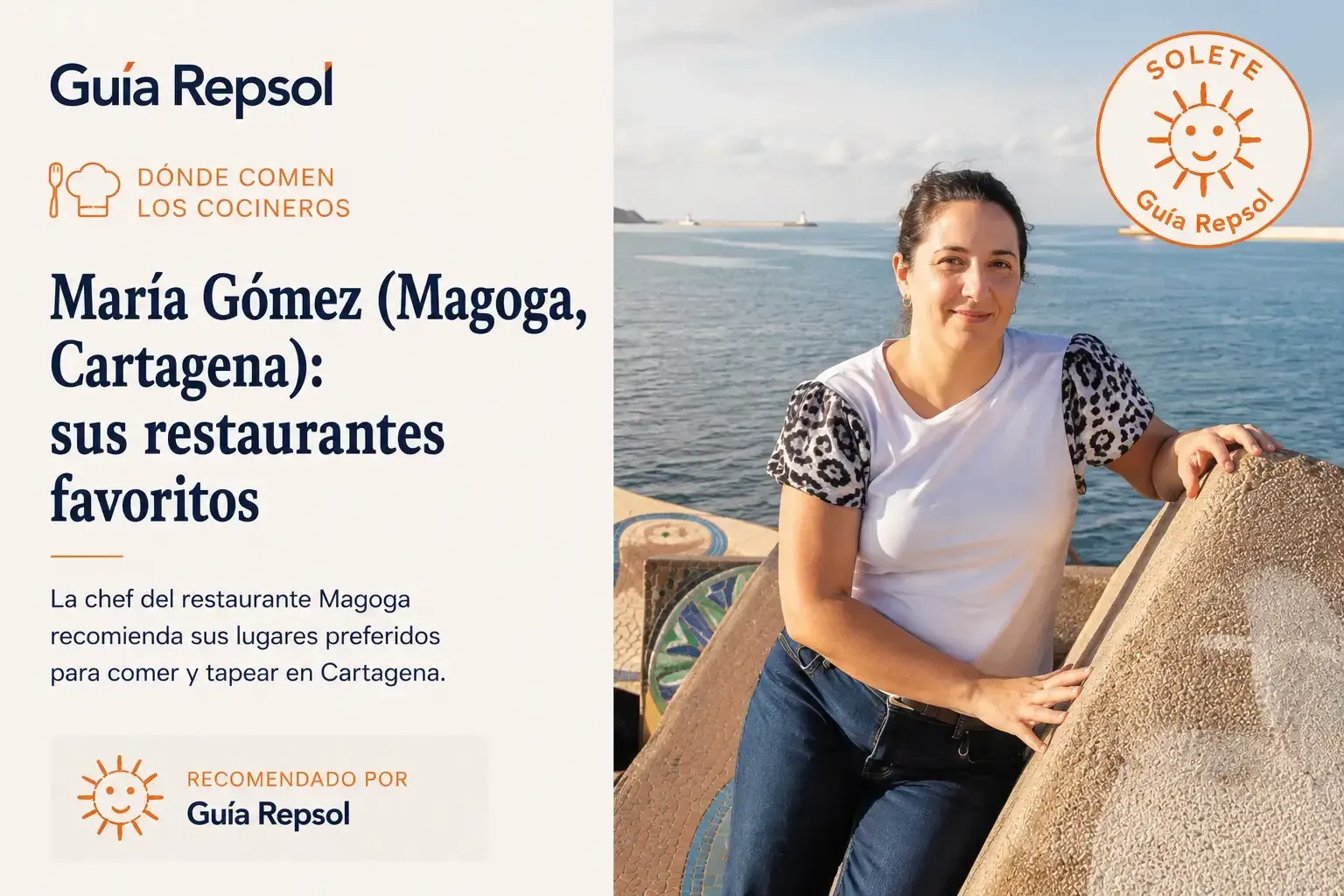 Portada de Guía Repsol con María Gómez sentada en un barco en alta mar, sonriendo junto al logotipo de la puesta de sol.