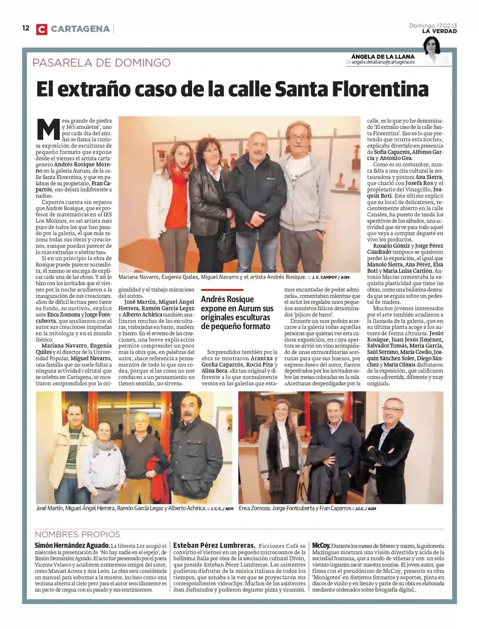 Newspaper page with Spanish article “El extraño caso de la calle Santa Florentina” and several group photos