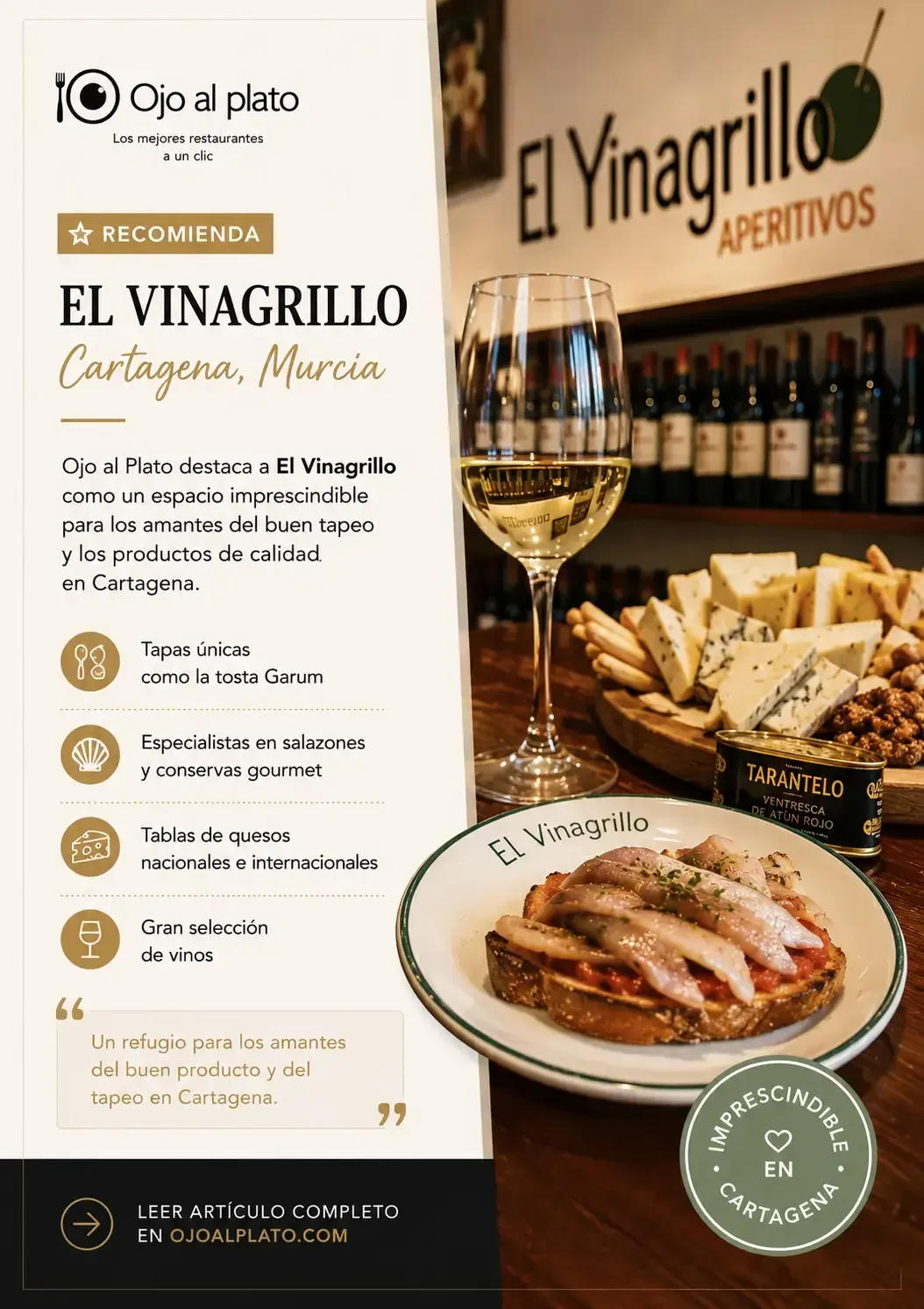 Cartel de aperitivos de El Vinagrillo con vino, tapas y un plato servido en una cálida mesa de restaurante.