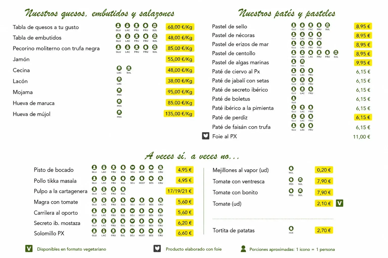Carta de quesos y embutidos