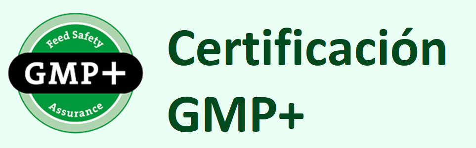 Logotipo y texto de certificación GMP+ en verde sobre fondo verde claro.