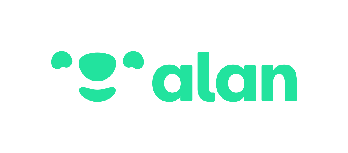 Un logotipo verde y blanco para Alan sobre un fondo blanco.