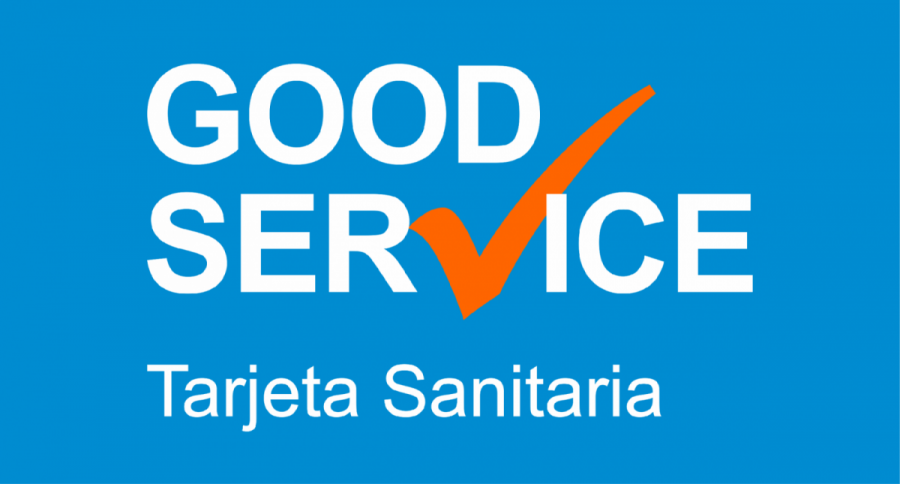 Un cartel azul que dice buen servicio tarjeta sanitaria