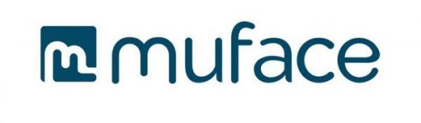 Un logotipo azul y blanco para Muface sobre un fondo blanco.
