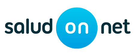 El logotipo de salud on net es un círculo azul con la palabra salud en él.