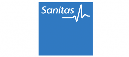 Un cuadrado azul con la palabra sanitas.
