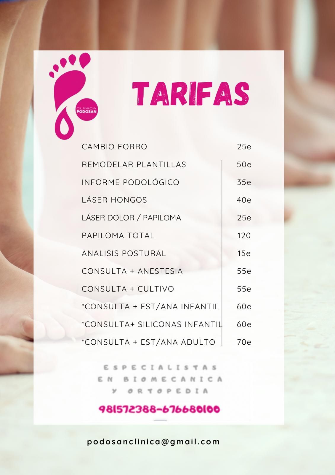 Una lista de diferentes tipos de tratamientos para los pies y sus precios.