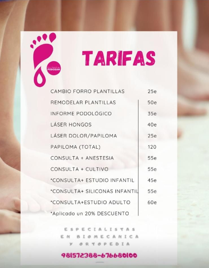 Una lista de diferentes tipos de tratamientos para los pies y sus precios.