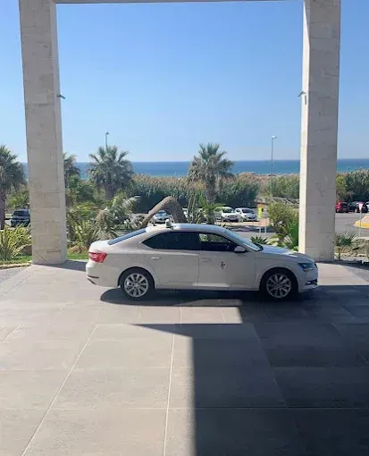 Sedán blanco estacionado bajo una terraza cubierta con vistas al océano y a las palmeras.