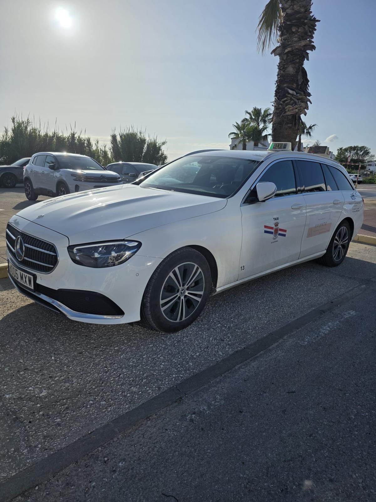 Un Mercedes familiar blanco aparcado en una calle soleada con palmeras al fondo.