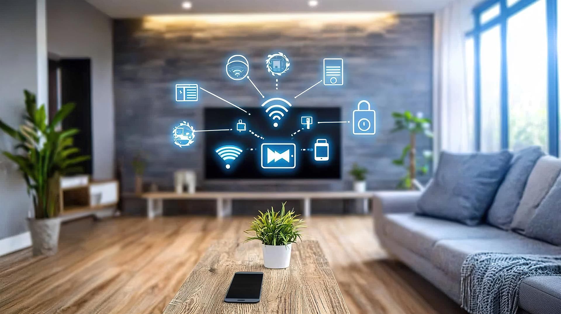 Smart-Home-Wohnzimmer mit leuchtenden Symbolen, die mit dem Fernseher verbunden sind.