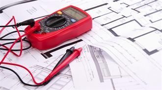 Rotes Multimeter mit Leitungen auf Architekturplänen.