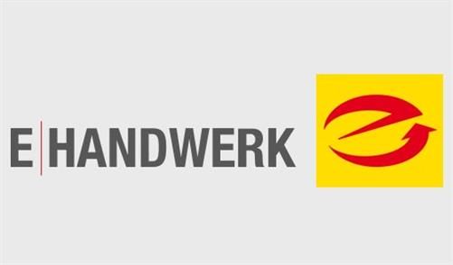 E HANDWERK-Logo: grauer Text mit roter vertikaler Linie. Gelbes Quadrat mit rotem Pfeil.