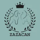 Logotipo con siluetas de caniche y pequin&eacute;s, corona, corona de laurel y texto "ZAZACAN" sobre fondo verde azulado.