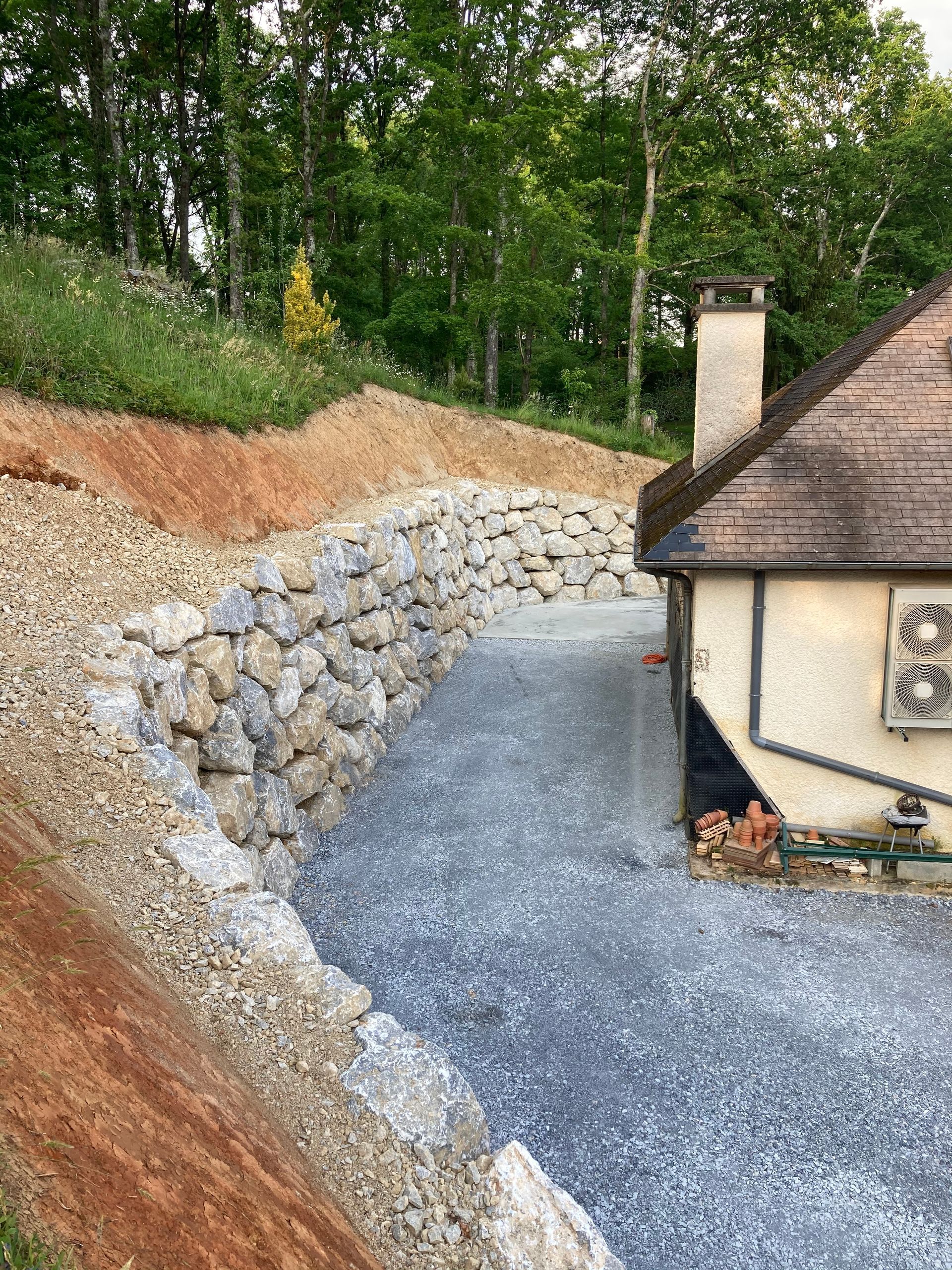 Mur de soutènement en pierre le long d'une allée de gravier, à côté d'une maison au toit de chaume, entourée d'arbres.