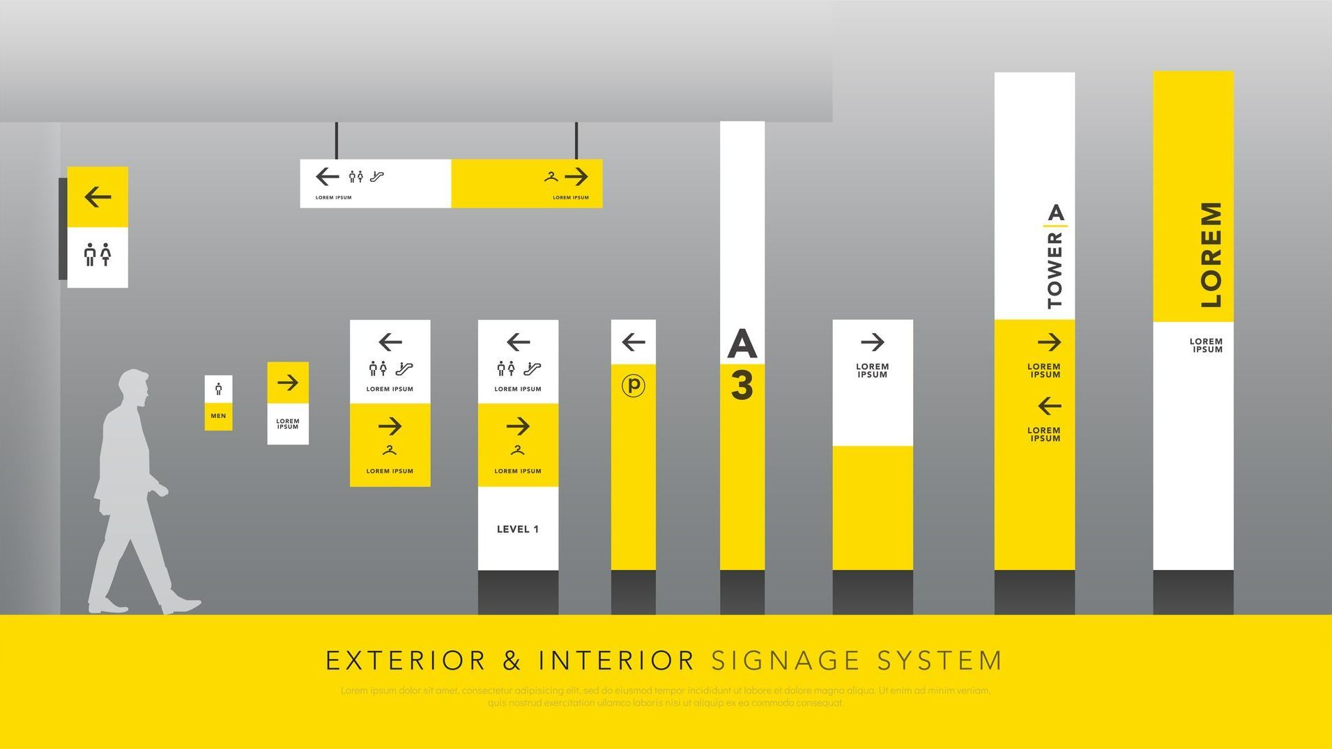 Gamme complète de signalétiques intérieures en jaune et blanche