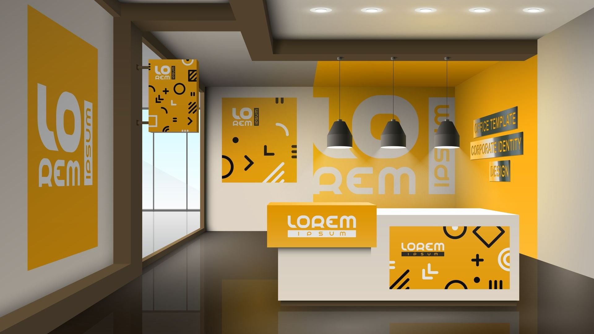 Signalétique intérieure : accueil de commerce en jaune et gris