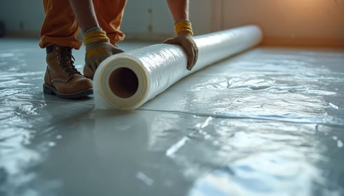 Des mains déroulent un tapis blanc sur le sol d'une pièce ensoleillée.